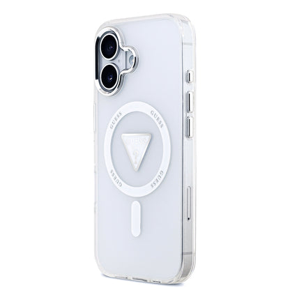 Apple iPhone 17 Kılıf Guess Orjinal Lisanslı M-safe Şarj Özellikli IML Baskılı Üçgen Logolu Metal Kamera Çerçeveli Kapak Şeffaf