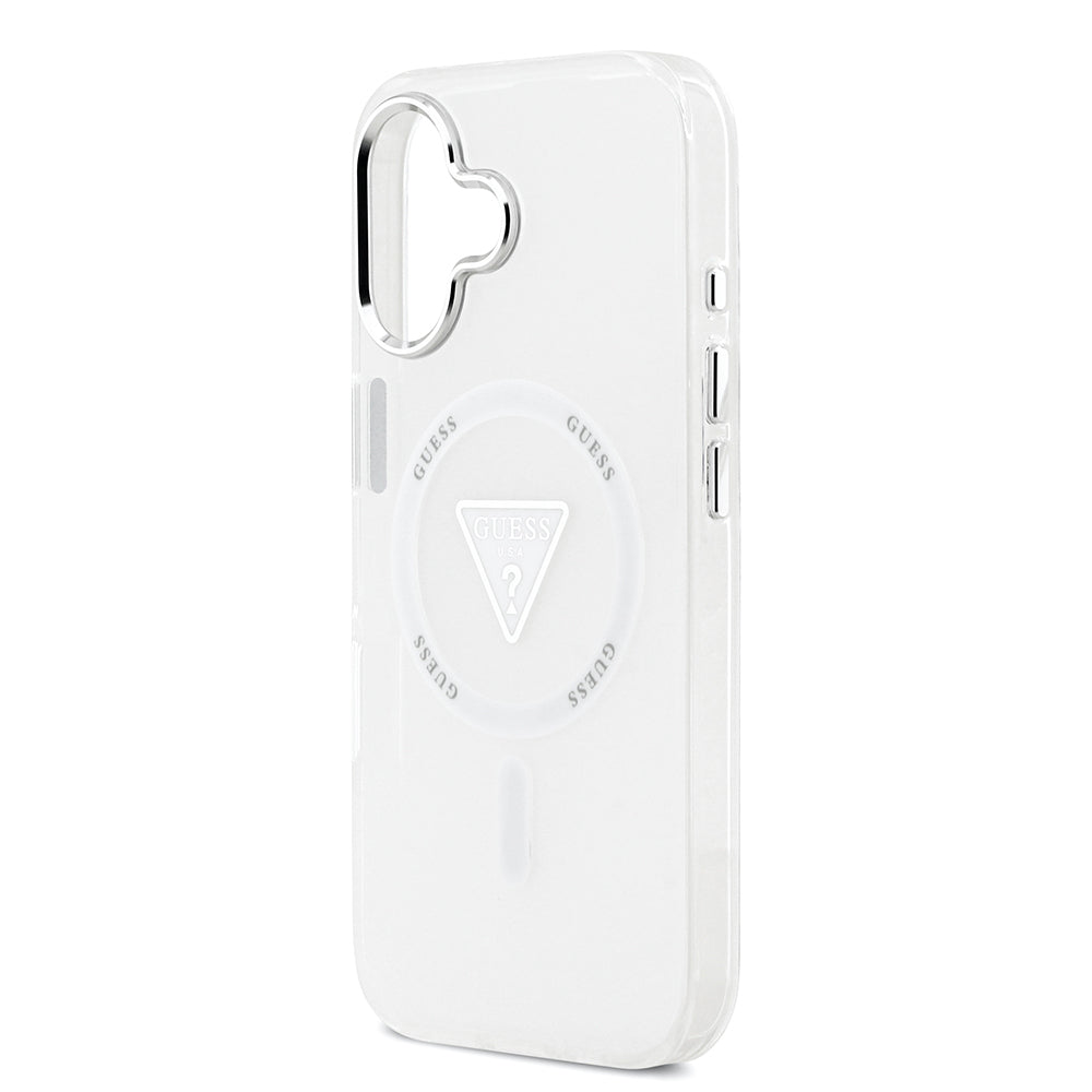 Apple iPhone 17 Kılıf Guess Orjinal Lisanslı M-safe Şarj Özellikli IML Baskılı Üçgen Logolu Metal Kamera Çerçeveli Kapak Şeffaf
