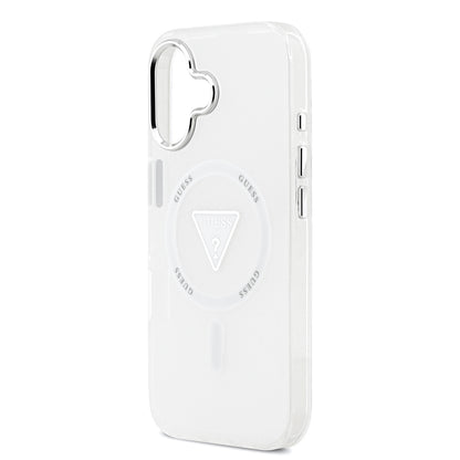 Apple iPhone 17 Kılıf Guess Orjinal Lisanslı M-safe Şarj Özellikli IML Baskılı Üçgen Logolu Metal Kamera Çerçeveli Kapak Şeffaf