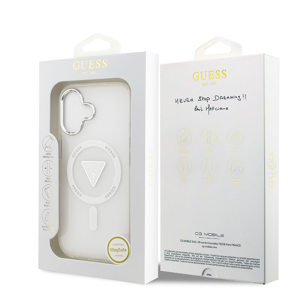 Apple iPhone 17 Kılıf Guess Orjinal Lisanslı M-safe Şarj Özellikli IML Baskılı Üçgen Logolu Metal Kamera Çerçeveli Kapak Şeffaf