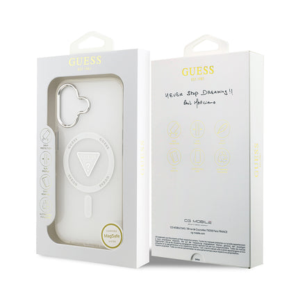 Apple iPhone 17 Kılıf Guess Orjinal Lisanslı M-safe Şarj Özellikli IML Baskılı Üçgen Logolu Metal Kamera Çerçeveli Kapak Şeffaf