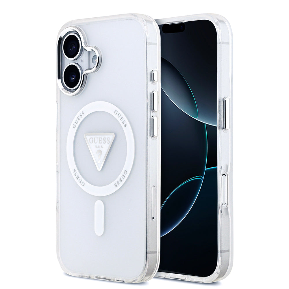 Apple iPhone 17 Kılıf Guess Orjinal Lisanslı M-safe Şarj Özellikli IML Baskılı Üçgen Logolu Metal Kamera Çerçeveli Kapak Şeffaf