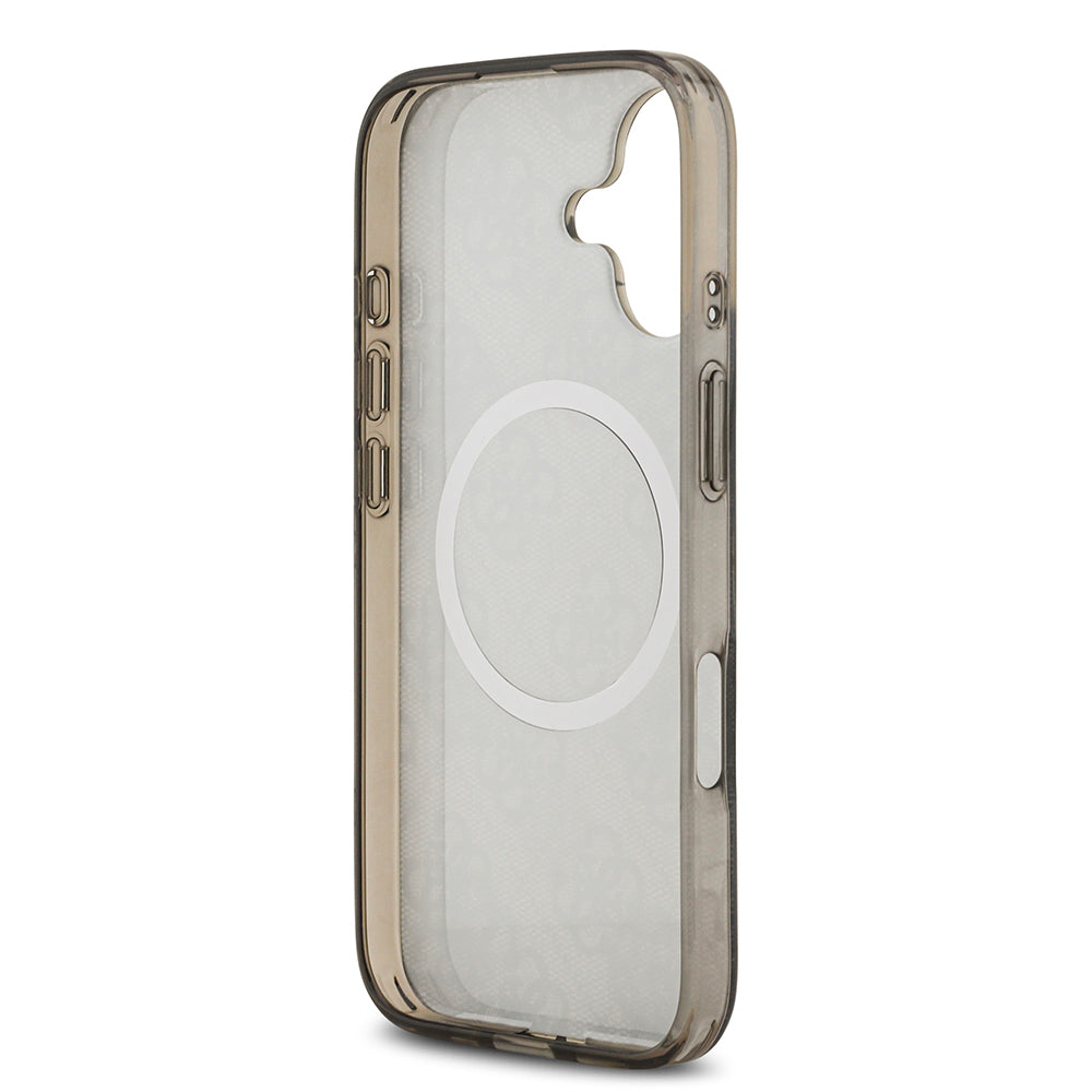 Apple iPhone 17 Kılıf Guess Orjinal Lisanslı M-safe Şarj Özellikli IML Peony ve 4G Desenli Klasik Logolu Kapak Kahverengi