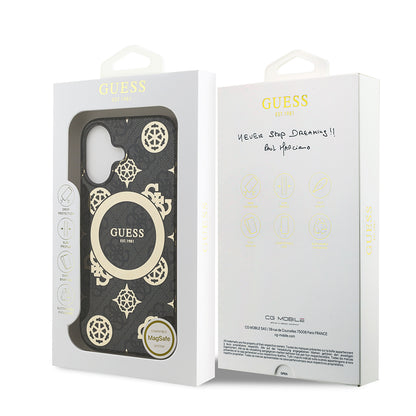 Apple iPhone 17 Kılıf Guess Orjinal Lisanslı M-safe Şarj Özellikli IML Peony ve 4G Desenli Klasik Logolu Kapak Pembe