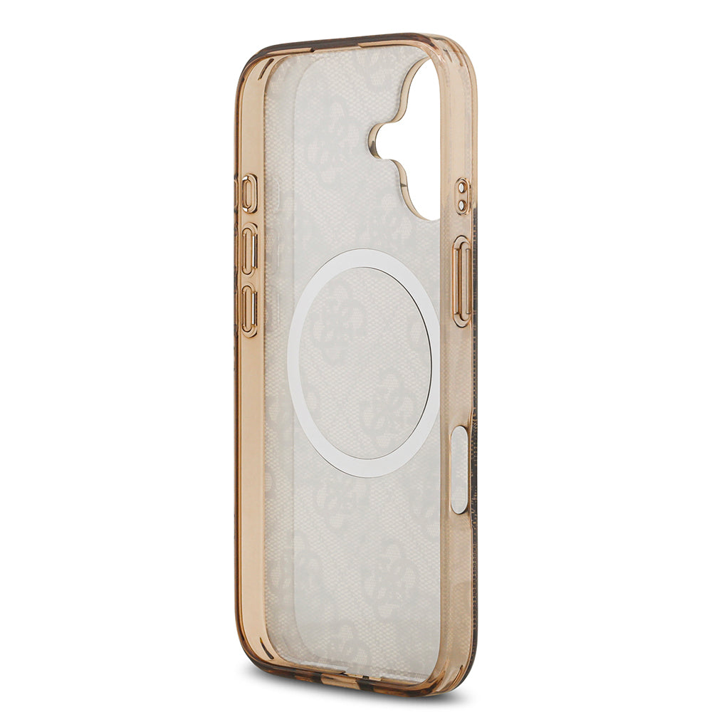 Apple iPhone 17 Kılıf Guess Orjinal Lisanslı M-safe Şarj Özellikli IML Peony ve 4G Desenli Klasik Logolu Kapak Pembe