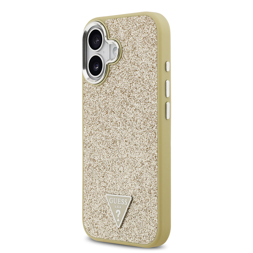 Apple iPhone 17 Kılıf Guess Orjinal Lisanslı M-safe Şarj Özellikli Metal Kamera Çerçeveli Üçgen Logolu Glitter Kapak Gold