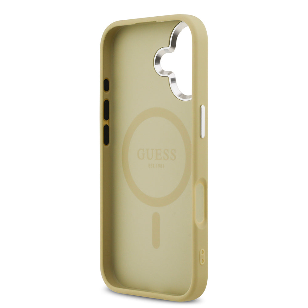 Apple iPhone 17 Kılıf Guess Orjinal Lisanslı M-safe Şarj Özellikli Metal Kamera Çerçeveli Üçgen Logolu Glitter Kapak Gold