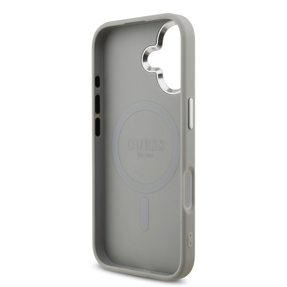 Apple iPhone 17 Kılıf Guess Orjinal Lisanslı M-safe Şarj Özellikli Metal Kamera Çerçeveli Üçgen Logolu Glitter Kapak Siyah