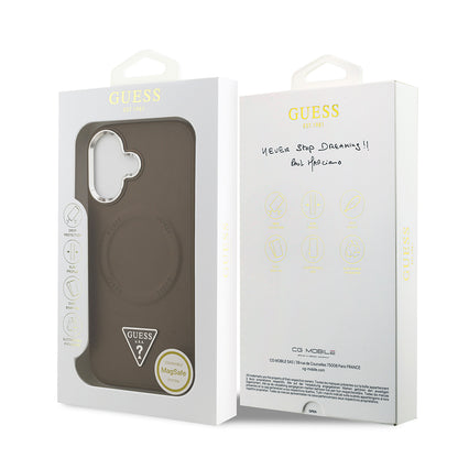 Apple iPhone 17 Kılıf Guess Orjinal Lisanslı M-safe Şarj Özellikli PU Deri Metal Kamera Çerçeveli Üçgen Logolu Kapak  Kahverengi