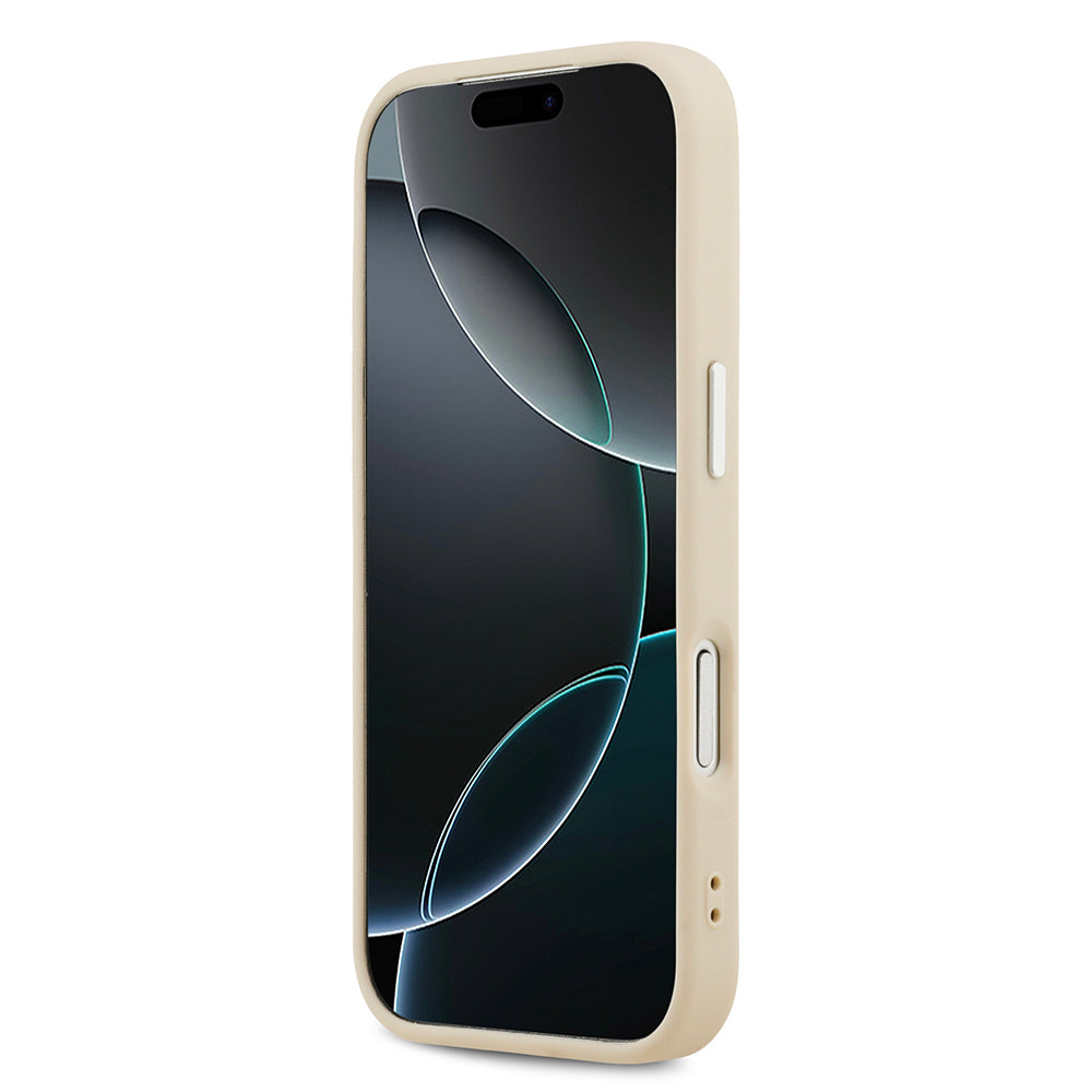 Apple iPhone 17 Kılıf Guess Orjinal Lisanslı M-safe Şarj Özellikli Sıcak Baskılı Klasik Yazı Logolu PU Deri Peony Kapak Bej