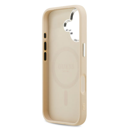 Apple iPhone 17 Kılıf Guess Orjinal Lisanslı M-safe Şarj Özellikli Sıcak Baskılı Klasik Yazı Logolu PU Deri Peony Kapak Bej