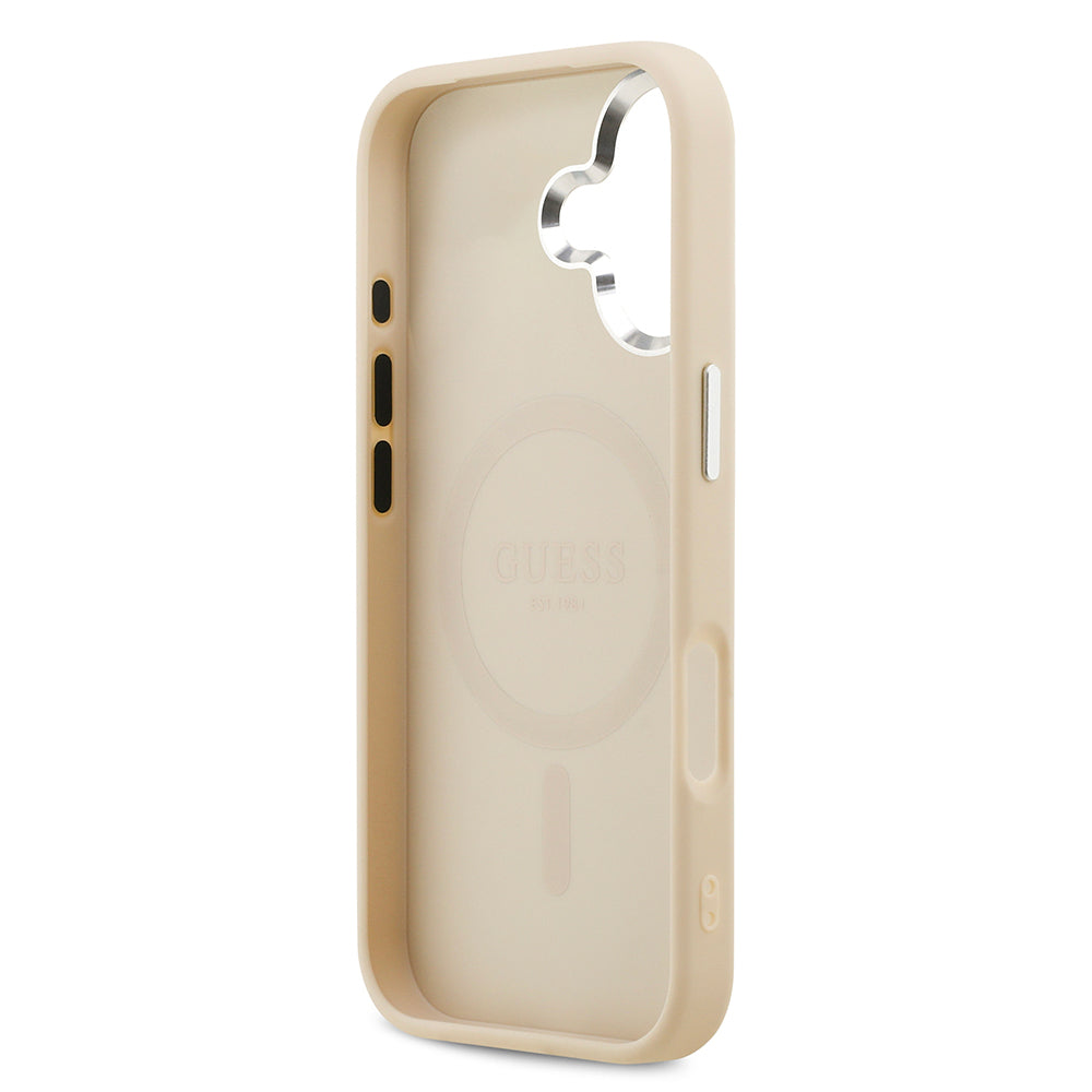 Apple iPhone 17 Kılıf Guess Orjinal Lisanslı M-safe Şarj Özellikli Sıcak Baskılı Klasik Yazı Logolu PU Deri Peony Kapak Siyah