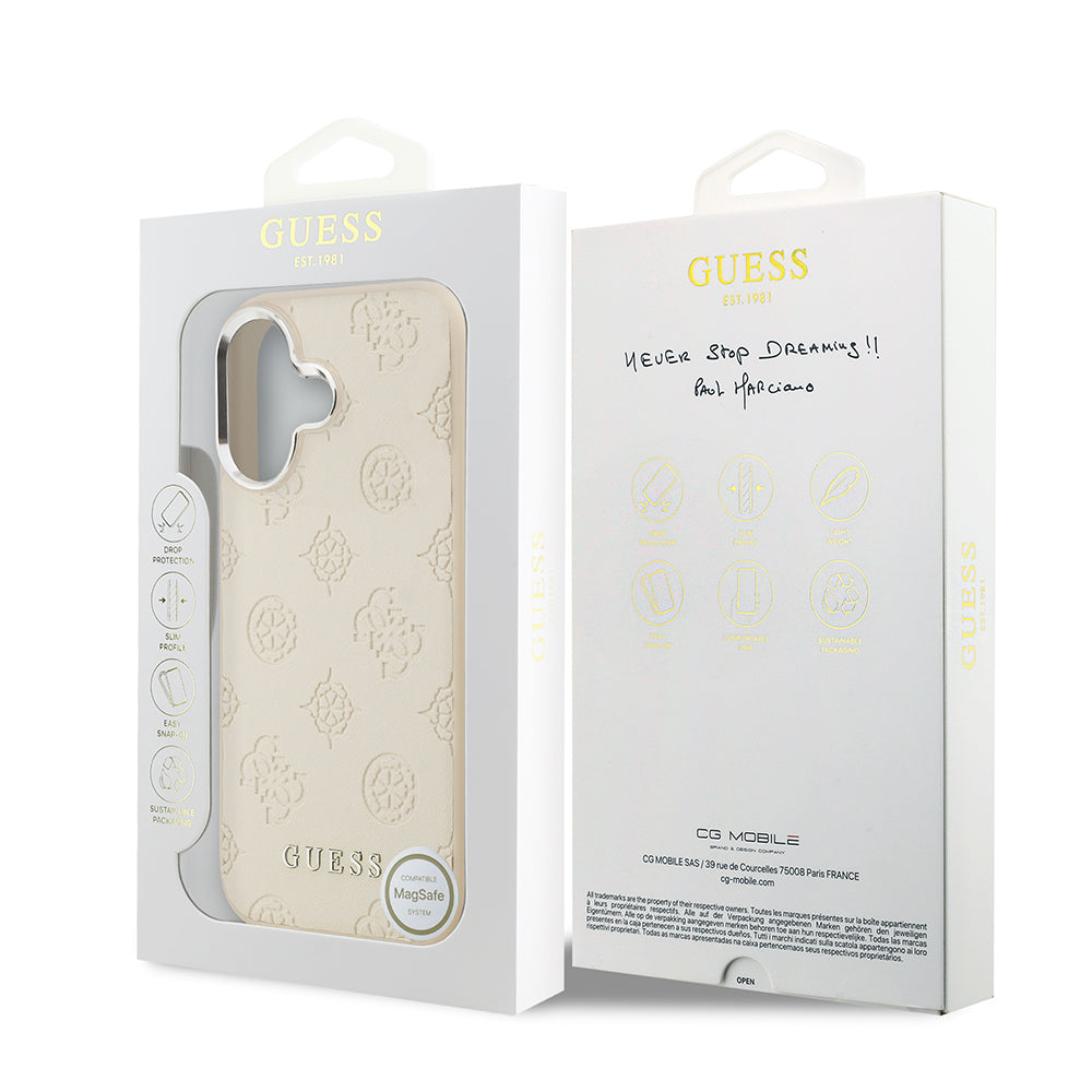 Apple iPhone 17 Kılıf Guess Orjinal Lisanslı M-safe Şarj Özellikli Sıcak Baskılı Klasik Yazı Logolu PU Deri Peony Kapak Bej