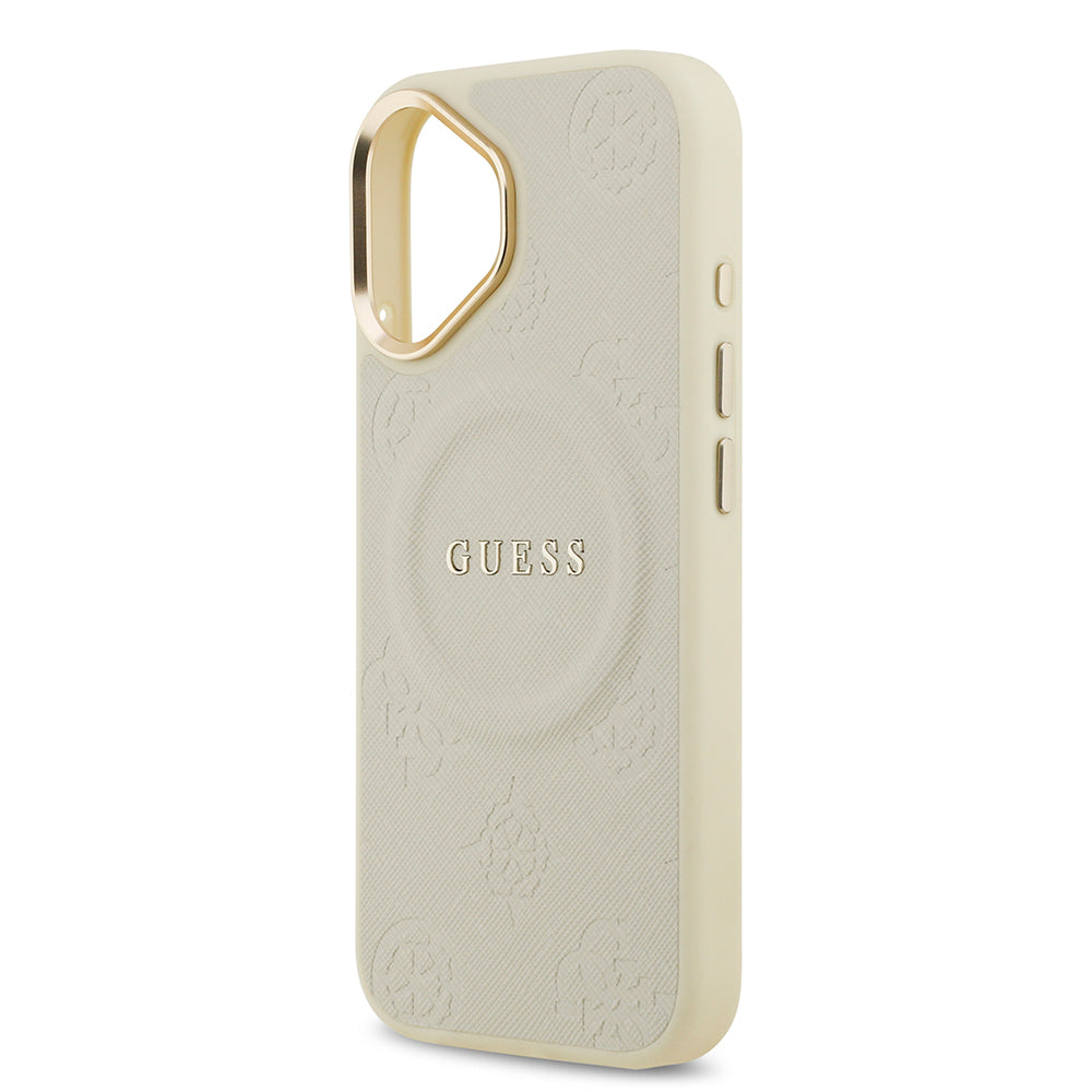 Apple iPhone 17 Kılıf Guess Orjinal Lisanslı M-safe Şarj Özellikli Sıcak Baskılı Yazı Logolu PU Deri Peony Kapak Siyah