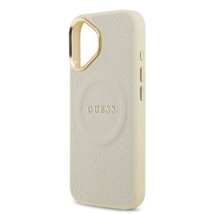 Apple iPhone 17 Kılıf Guess Orjinal Lisanslı M-safe Şarj Özellikli Sıcak Baskılı Yazı Logolu PU Deri Peony Kapak Siyah