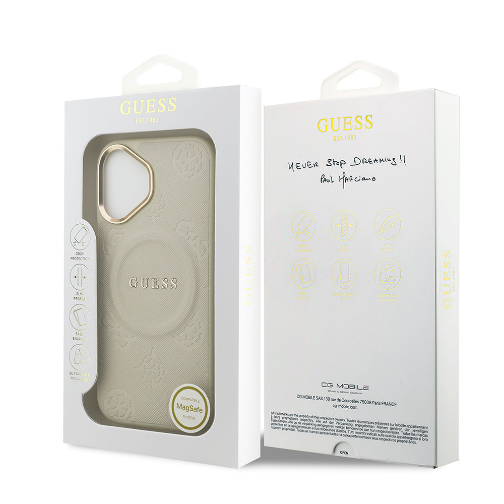 Apple iPhone 17 Kılıf Guess Orjinal Lisanslı M-safe Şarj Özellikli Sıcak Baskılı Yazı Logolu PU Deri Peony Kapak Kahverengi