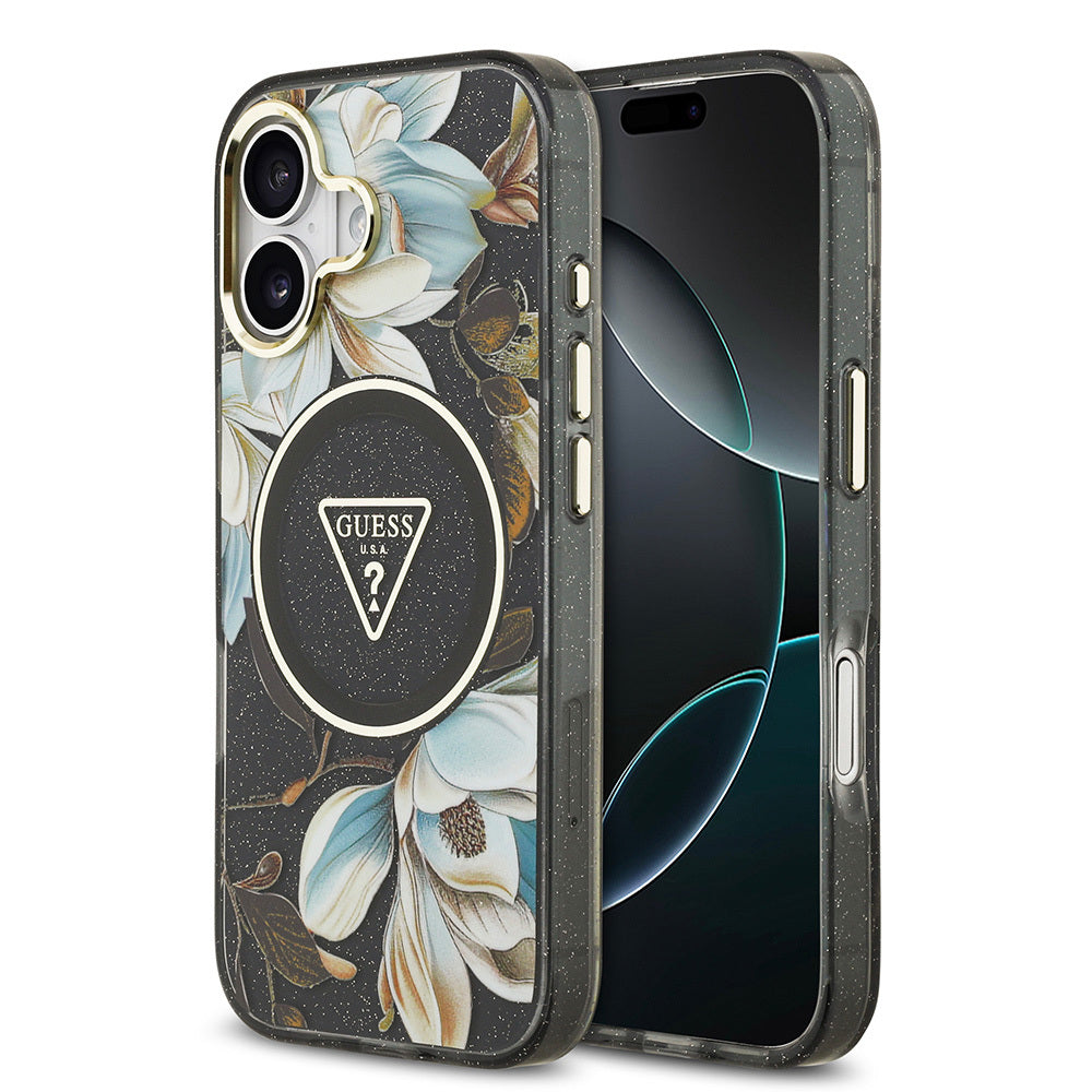 Apple iPhone 17 Kılıf Guess Orjinal Lisanslı M-safe Şarj Özellikli Simli Çiçek Desenli Metal Kamera Çerçeveli Üçgen Logolu Kapak Beyaz