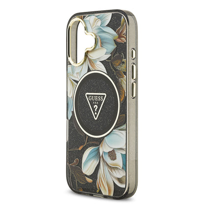 Apple iPhone 17 Kılıf Guess Orjinal Lisanslı M-safe Şarj Özellikli Simli Çiçek Desenli Metal Kamera Çerçeveli Üçgen Logolu Kapak Siyah