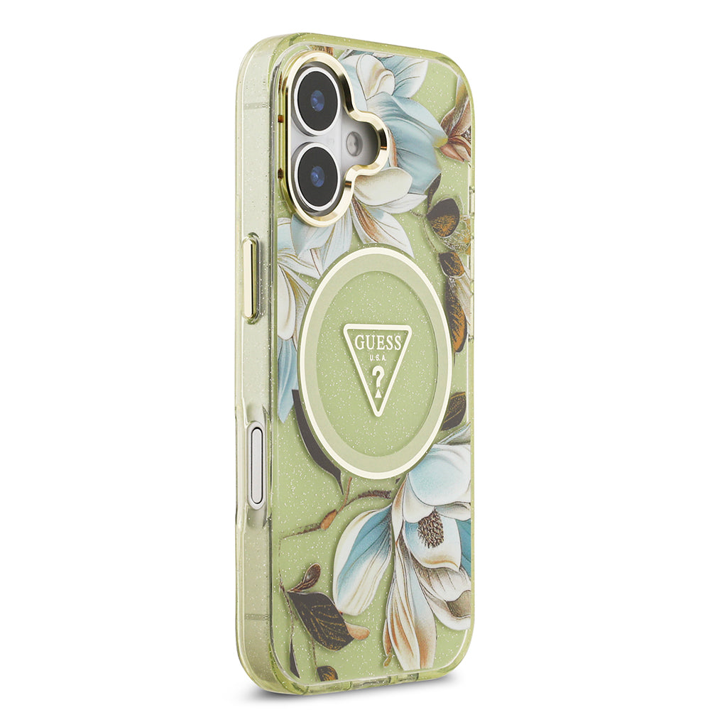 Apple iPhone 17 Kılıf Guess Orjinal Lisanslı M-safe Şarj Özellikli Simli Çiçek Desenli Metal Kamera Çerçeveli Üçgen Logolu Kapak Beyaz