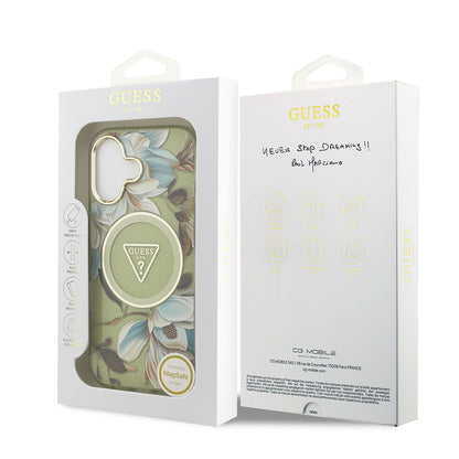 Apple iPhone 17 Kılıf Guess Orjinal Lisanslı M-safe Şarj Özellikli Simli Çiçek Desenli Metal Kamera Çerçeveli Üçgen Logolu Kapak Mor