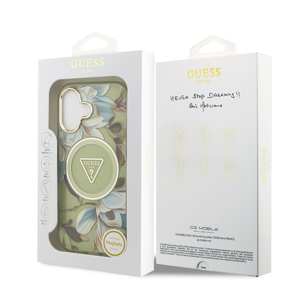 Apple iPhone 17 Kılıf Guess Orjinal Lisanslı M-safe Şarj Özellikli Simli Çiçek Desenli Metal Kamera Çerçeveli Üçgen Logolu Kapak Siyah