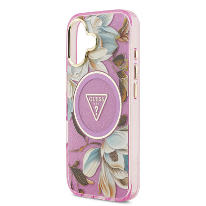 Apple iPhone 17 Kılıf Guess Orjinal Lisanslı M-safe Şarj Özellikli Simli Çiçek Desenli Metal Kamera Çerçeveli Üçgen Logolu Kapak Mor