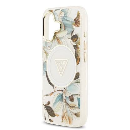 Apple iPhone 17 Kılıf Guess Orjinal Lisanslı M-safe Şarj Özellikli Simli Çiçek Desenli Metal Kamera Çerçeveli Üçgen Logolu Kapak Mor