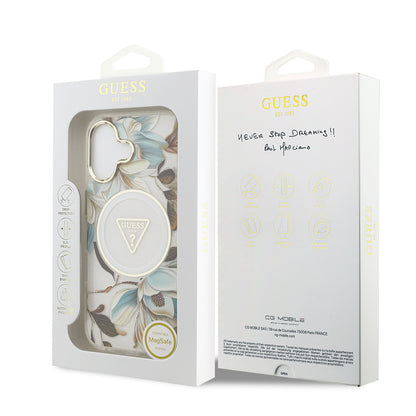 Apple iPhone 17 Kılıf Guess Orjinal Lisanslı M-safe Şarj Özellikli Simli Çiçek Desenli Metal Kamera Çerçeveli Üçgen Logolu Kapak Beyaz