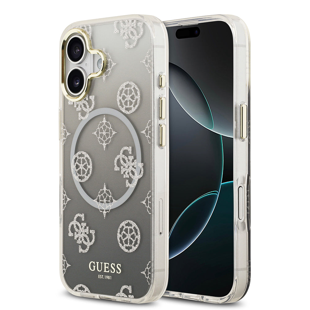 Apple iPhone 17 Kılıf Guess Orjinal Lisanslı M-safe Şarj Özellikli Simli Peony Desenli Silikon Kapak Pembe