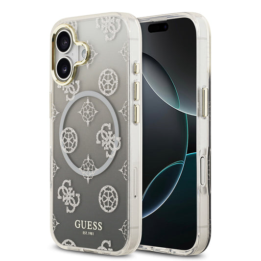 Apple iPhone 17 Kılıf Guess Orjinal Lisanslı M-safe Şarj Özellikli Simli Peony Desenli Silikon Kapak Siyah