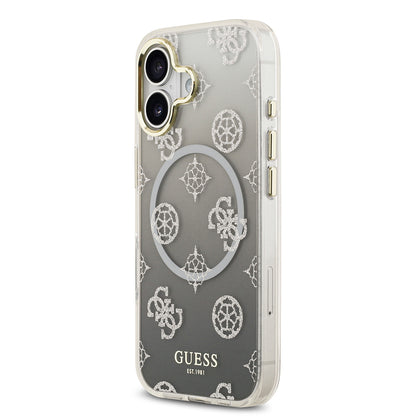 Apple iPhone 17 Kılıf Guess Orjinal Lisanslı M-safe Şarj Özellikli Simli Peony Desenli Silikon Kapak Siyah