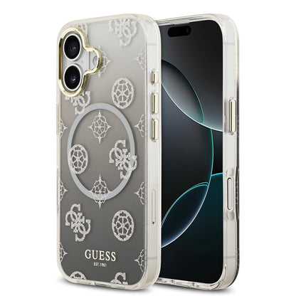 Apple iPhone 17 Kılıf Guess Orjinal Lisanslı M-safe Şarj Özellikli Simli Peony Desenli Silikon Kapak Siyah