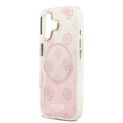 Apple iPhone 17 Kılıf Guess Orjinal Lisanslı M-safe Şarj Özellikli Simli Peony Desenli Silikon Kapak Pembe