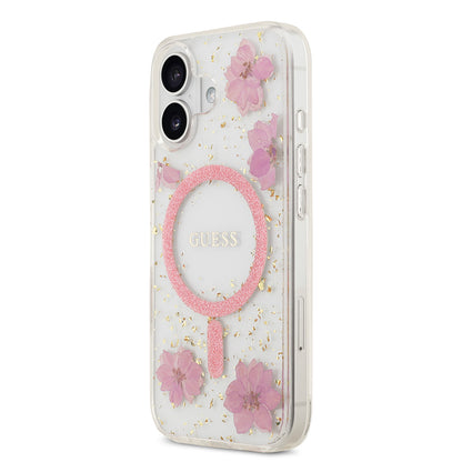 Apple iPhone 17 Kılıf Guess Orjinal Lisanslı M-safe Şarj Özellikli Transparan Resin Flowers Kapak Mor