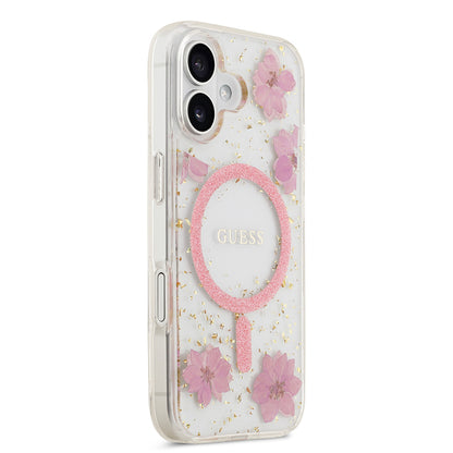 Apple iPhone 17 Kılıf Guess Orjinal Lisanslı M-safe Şarj Özellikli Transparan Resin Flowers Kapak Mor