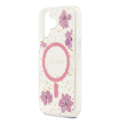 Apple iPhone 17 Kılıf Guess Orjinal Lisanslı M-safe Şarj Özellikli Transparan Resin Flowers Kapak Mor
