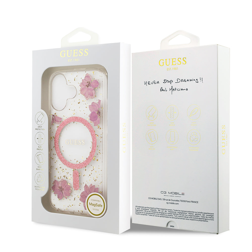 Apple iPhone 17 Kılıf Guess Orjinal Lisanslı M-safe Şarj Özellikli Transparan Resin Flowers Kapak Pembe