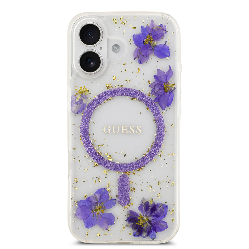 Apple iPhone 17 Kılıf Guess Orjinal Lisanslı M-safe Şarj Özellikli Transparan Resin Flowers Kapak Mor