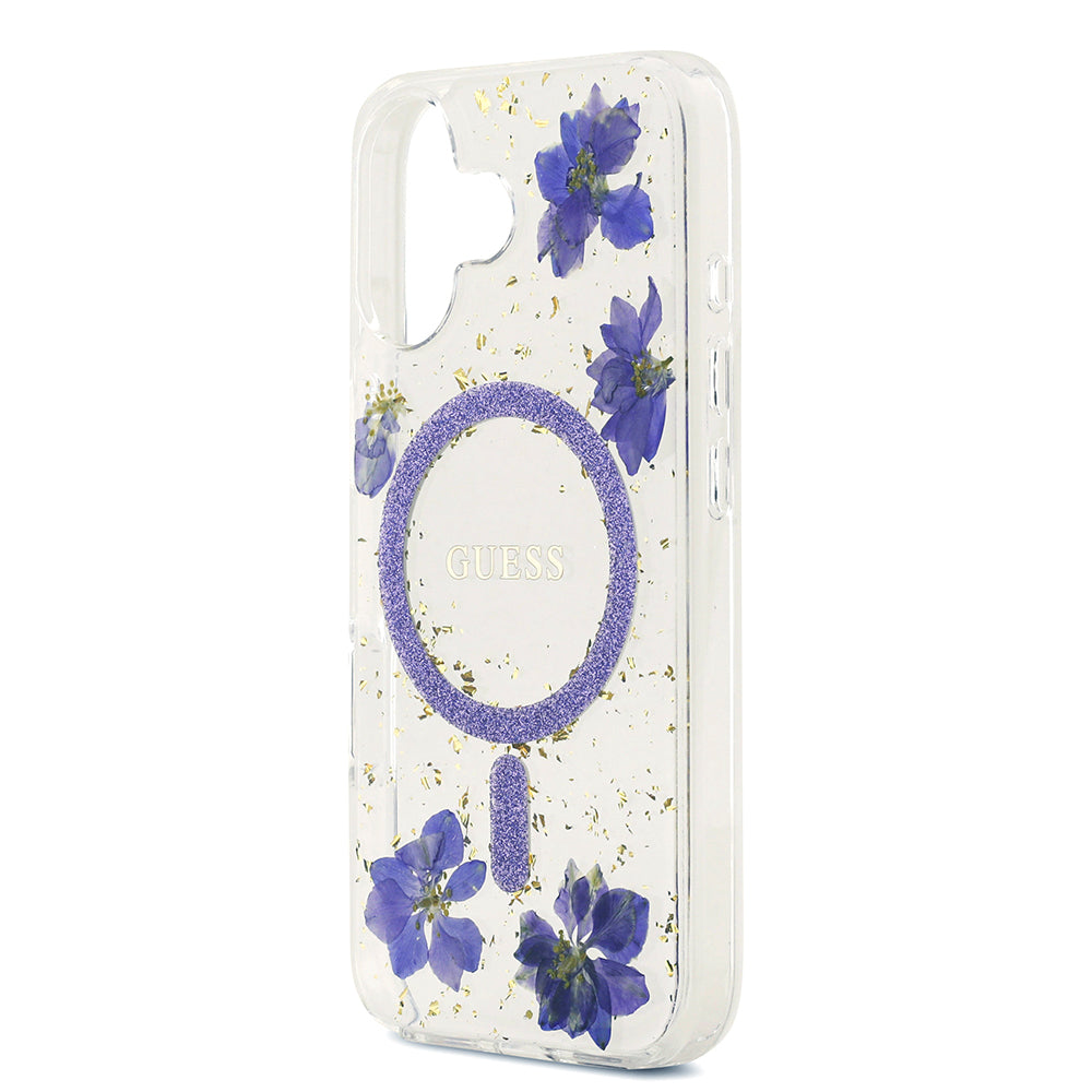 Apple iPhone 17 Kılıf Guess Orjinal Lisanslı M-safe Şarj Özellikli Transparan Resin Flowers Kapak Pembe
