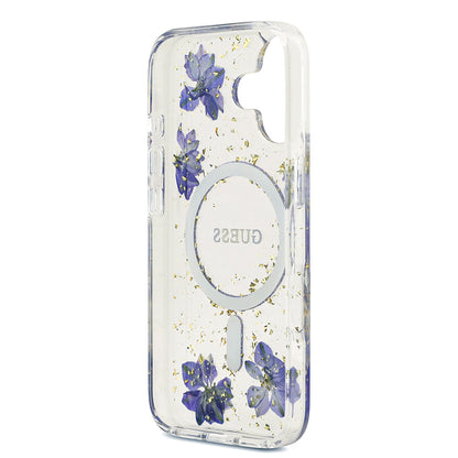 Apple iPhone 17 Kılıf Guess Orjinal Lisanslı M-safe Şarj Özellikli Transparan Resin Flowers Kapak Pembe