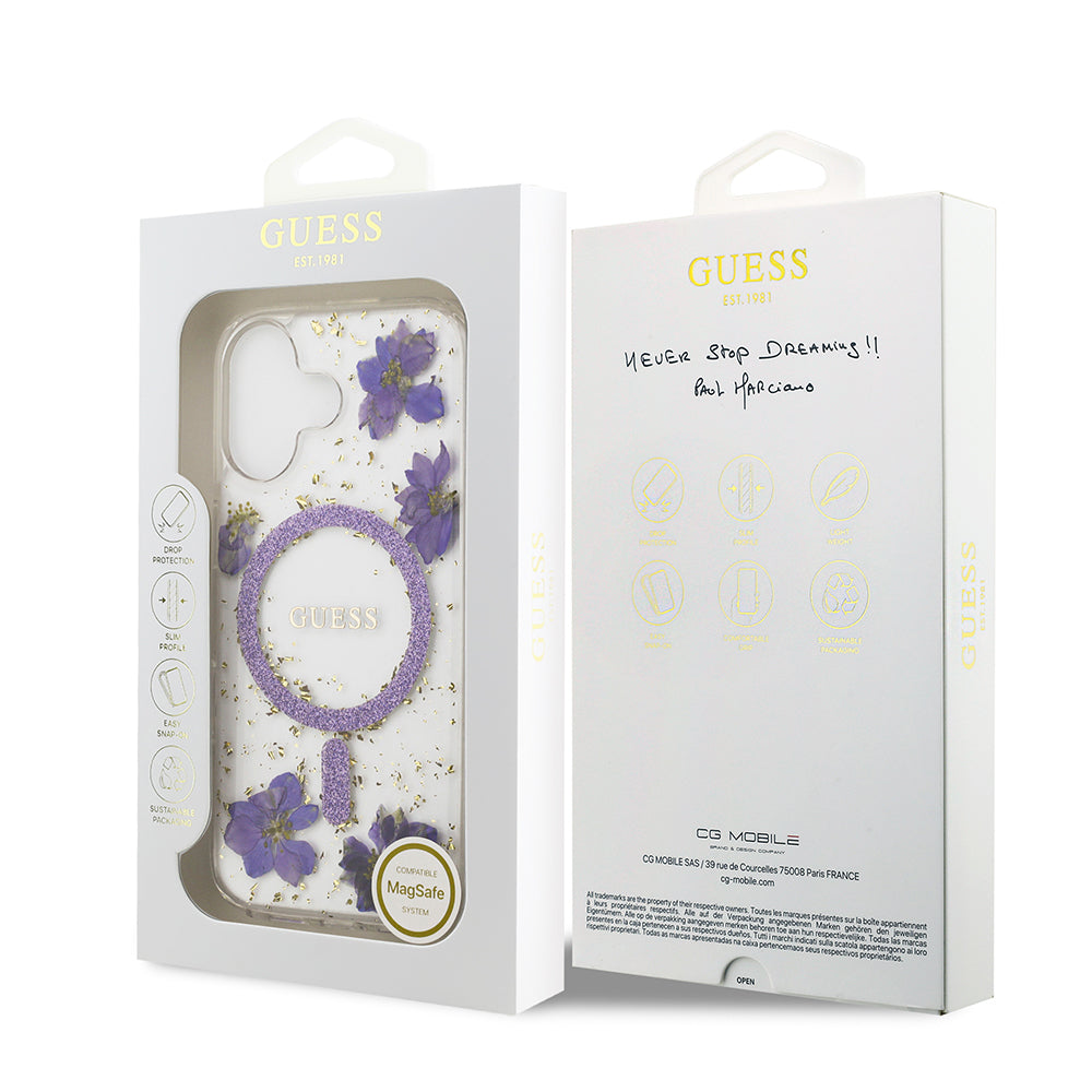 Apple iPhone 17 Kılıf Guess Orjinal Lisanslı M-safe Şarj Özellikli Transparan Resin Flowers Kapak Pembe