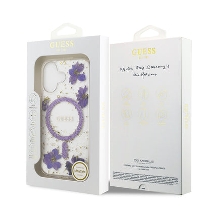 Apple iPhone 17 Kılıf Guess Orjinal Lisanslı M-safe Şarj Özellikli Transparan Resin Flowers Kapak Pembe