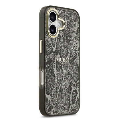 Apple iPhone 17 Kılıf Guess Orjinal Lisanslı M-safe Şarj Özellikli Yazı Logolu Python Desenli Kapak Siyah