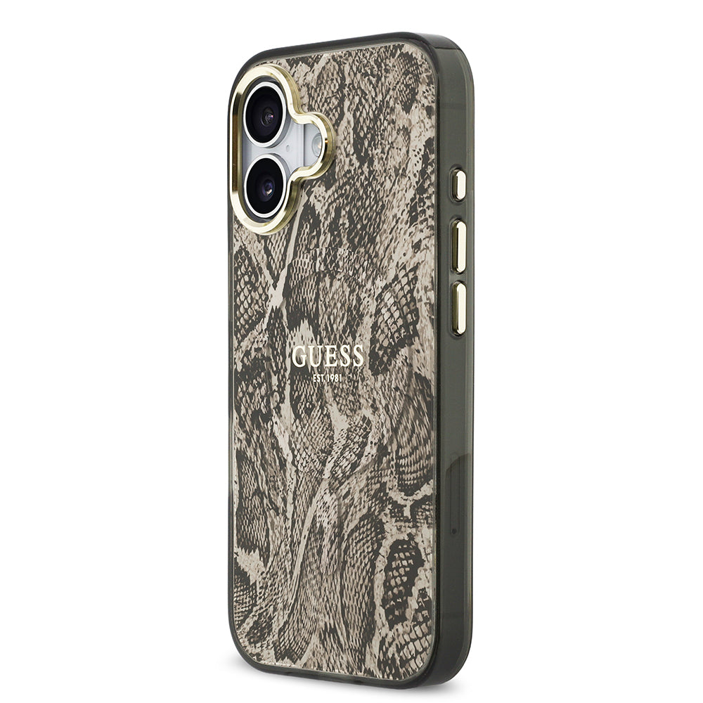 Apple iPhone 17 Kılıf Guess Orjinal Lisanslı M-safe Şarj Özellikli Yazı Logolu Python Desenli Kapak Kahverengi