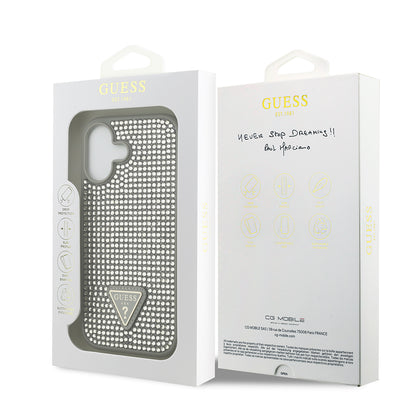 Apple iPhone 17 Kılıf Guess Orjinal Lisanslı Taşlı Arka Yüzey Üçgen Logolu Kapak Gümüş