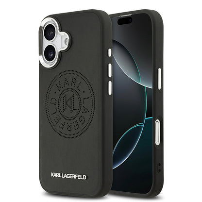 Apple iPhone 17 Kılıf Karl Lagerfeld Orjinal Lisanslı M-safe Şarj Özellikli Delikli Tasarım Metal Logolu PU Deri Kapak Siyah