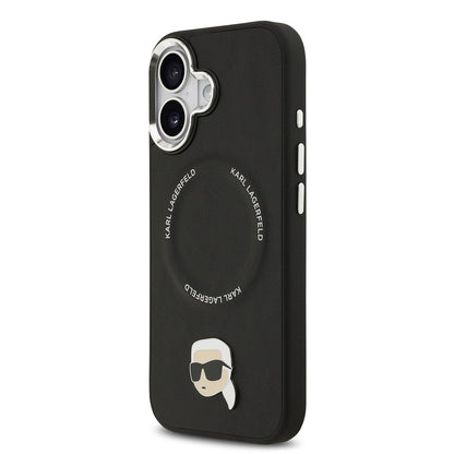 Apple iPhone 17 Kılıf Karl Lagerfeld Orjinal Lisanslı M-safe Şarj Özellikli Metal Kamera ve Buton Tasarımlı Karl PU Deri Kapak Siyah