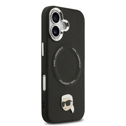 Apple iPhone 17 Kılıf Karl Lagerfeld Orjinal Lisanslı M-safe Şarj Özellikli Metal Kamera ve Buton Tasarımlı Karl PU Deri Kapak Siyah