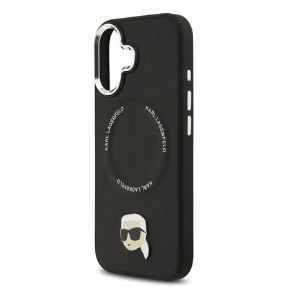 Apple iPhone 17 Kılıf Karl Lagerfeld Orjinal Lisanslı M-safe Şarj Özellikli Metal Kamera ve Buton Tasarımlı Karl PU Deri Kapak Siyah
