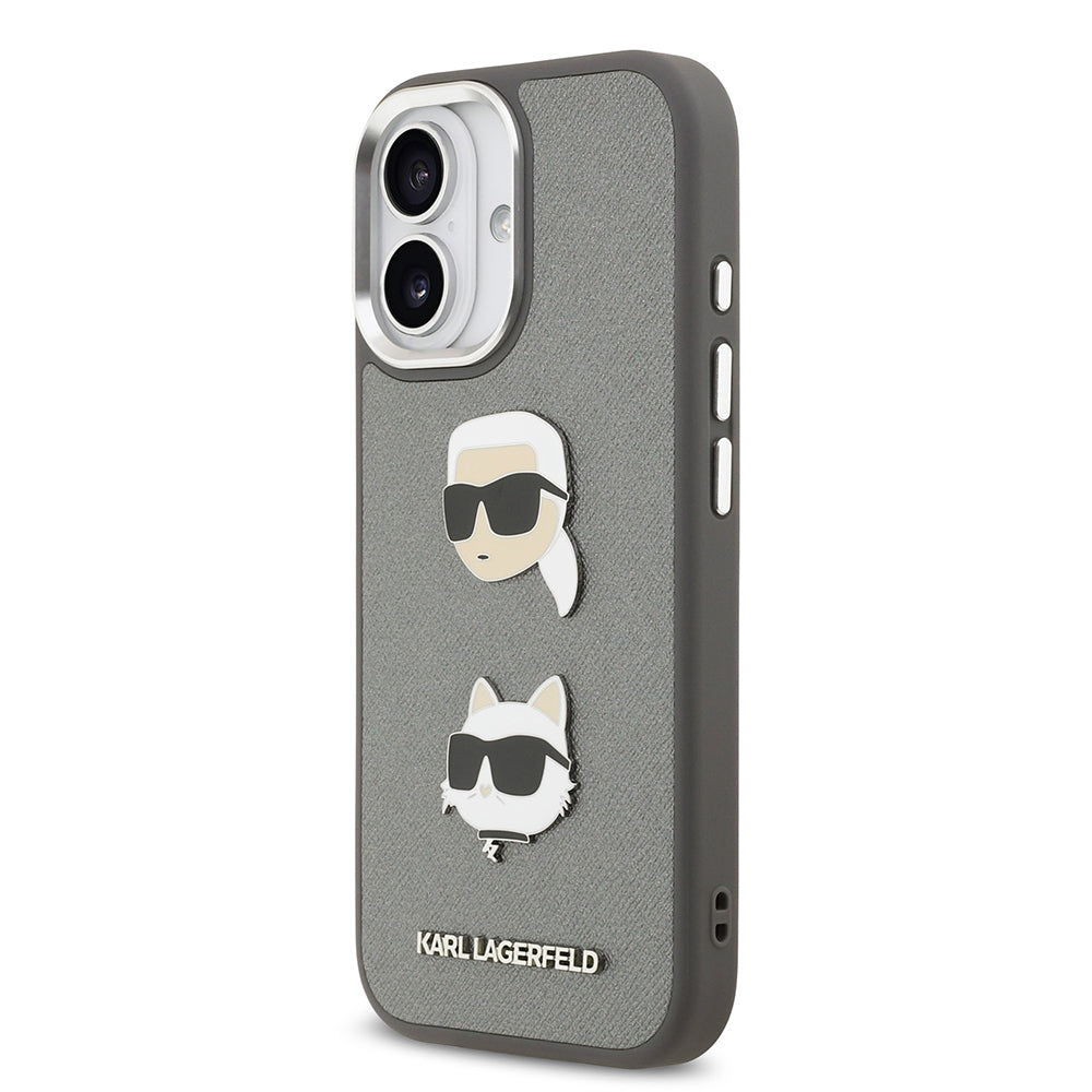 Apple iPhone 17 Kılıf Karl Lagerfeld Orjinal Lisanslı Metal Logolu K&C Heads Pin Kapak Gri